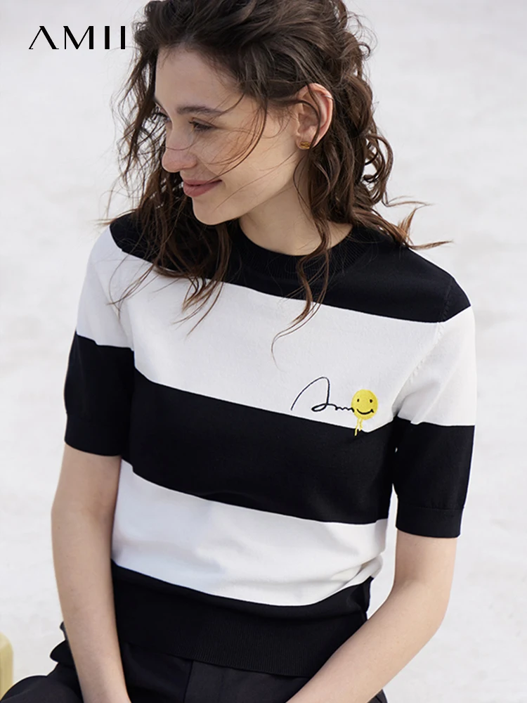Amii Minimalism 2023 Summer T-shirt for Women New Striped short sleeve Smile Face Loose T-shirts Elegant Tees Tops 12321035