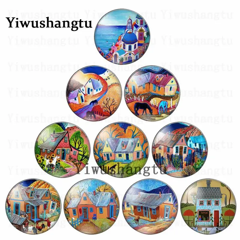 Hand-painted country life wooden house  12mm/20mm/25mm/30mm photo glass cabochon demo flat back Making findings