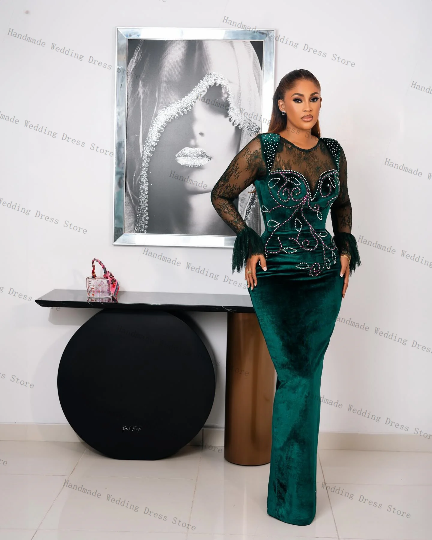 Vestido de fiesta de terciopelo verde, vestido de novia Sexy transparente de manga larga con cristales de piedra, vestido largo de sirena personalizado con cordones en la espalda