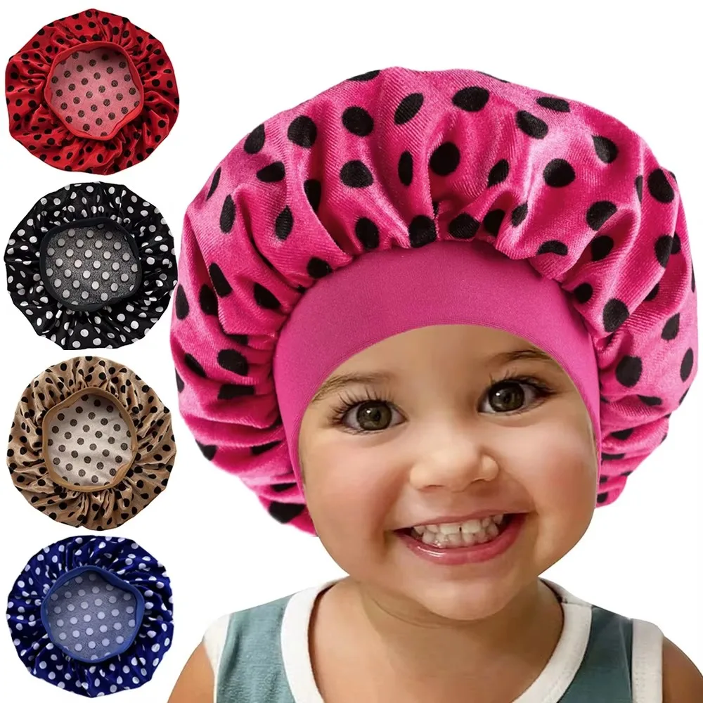 Dot Printed Velvet Children Nightcap Baby Haircare Stretch Hair Cap Kids Cooking Bonnet Hat Satin Silk Bonnet for Toddlers Sleep