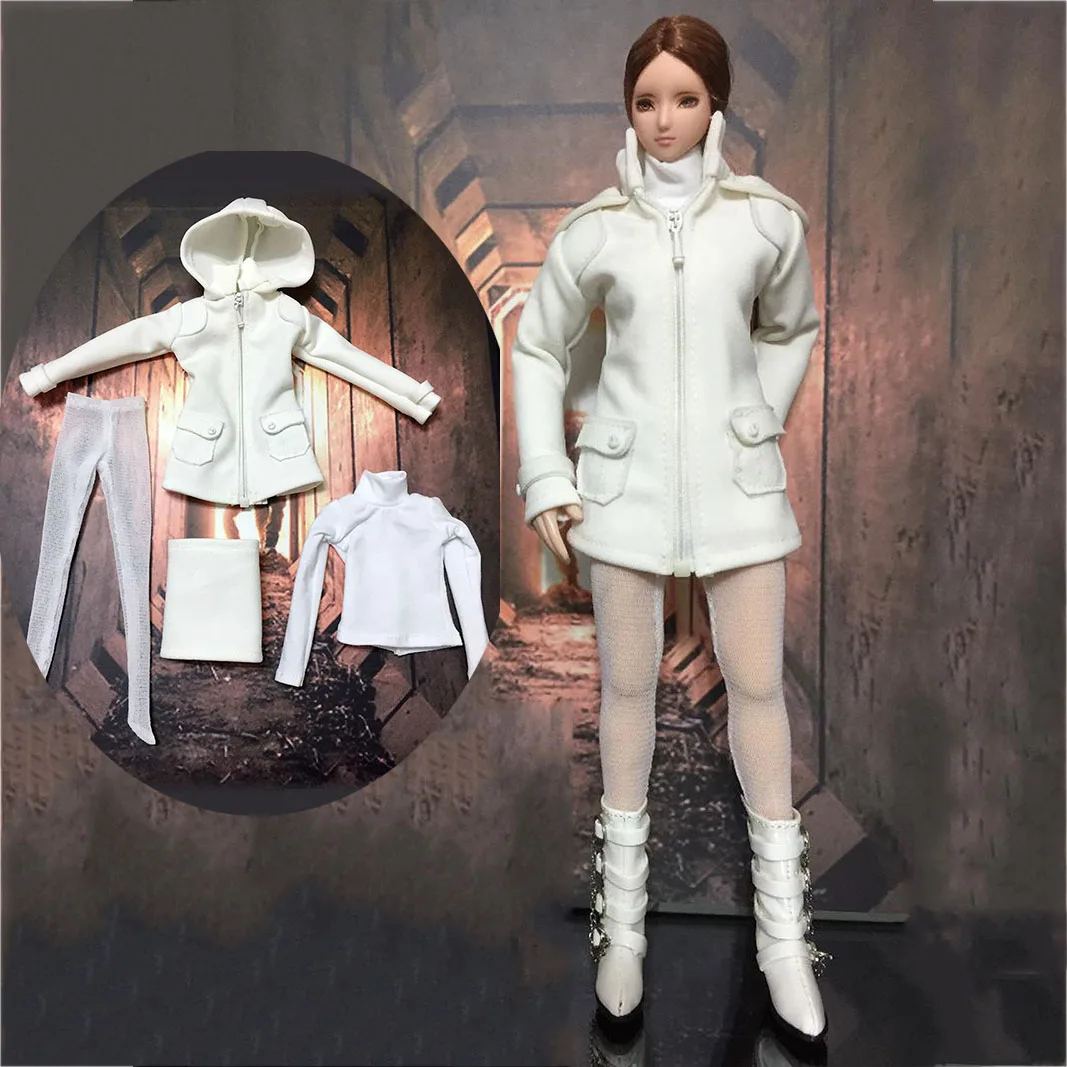 DOLLSFIGURE CC299 1/6 Scale Women White Hooded Jacket Turtleneck Knitted Shirt Mini Hip Skirt Set Model  for 12'' Action Figure