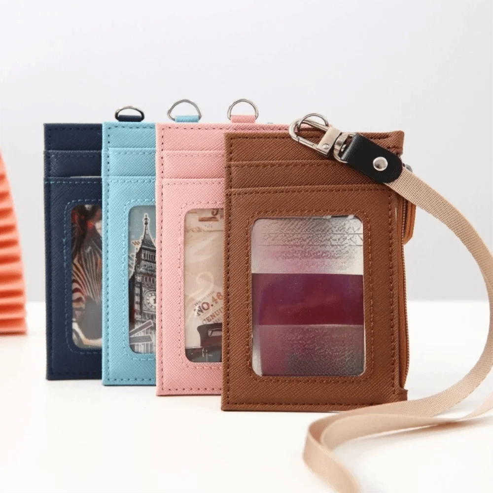 New Zipper Bag Card Badge Holder PU Leather with Neck Lanyard Card Bag Card Case Office Supplies