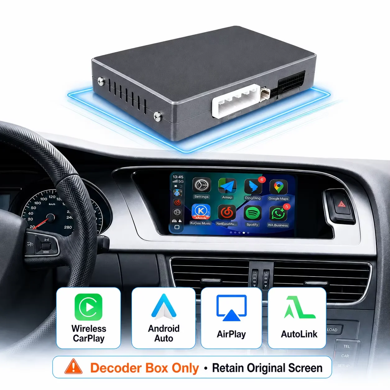 Interface AUTOTOP CarPlay Android Auto pour Audi A4 B8 A5 Q5 2009-2018 MMI 2G 3G Symphony Concert, connectivité sans fil pour smartphone avec AirPlay AutoLink, écran d'origine conservé, caméra d'origine, commande au volant OEM, installation facile plug-and-play