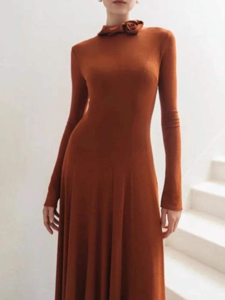 EAEOVNI 3D Fiore Impiombato Design Vestito Delle Donne di Lusso Del Partito di Colore Solido A Vita Alta Pieghe Abiti Lunghi Elegante 2025 Nuovi Abbigliamento