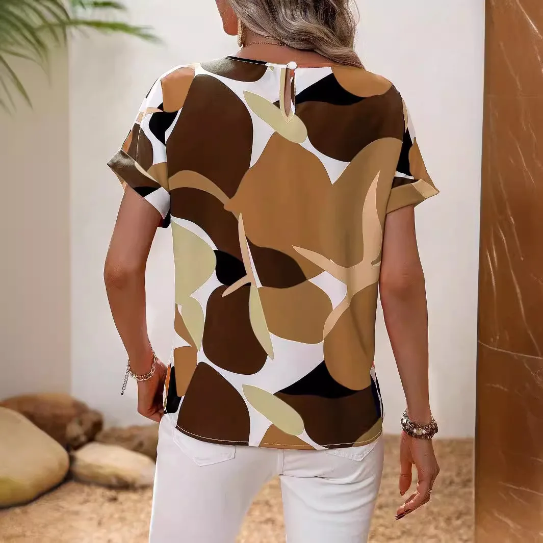 Elegante Mode Bloemen Gedrukt O Hals Korte Mouw Straat Knop Shirts 2025, Zomer Casual Losse Tops Blouse Vrouwen Blusas