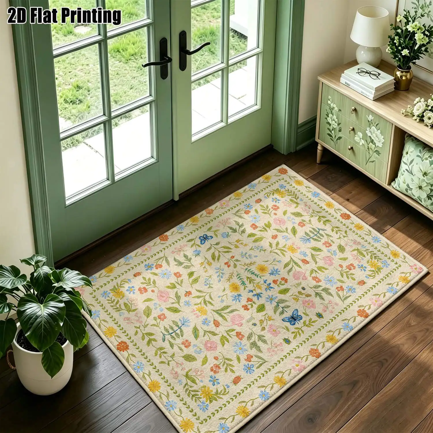 1Pc 2D Printed Carpet: Beige Base, Multicolor Floral Patterns Nordic/Bohemian/Vintage Style, Machine Washable, Ideal for Home Decor Multi-Scenes.