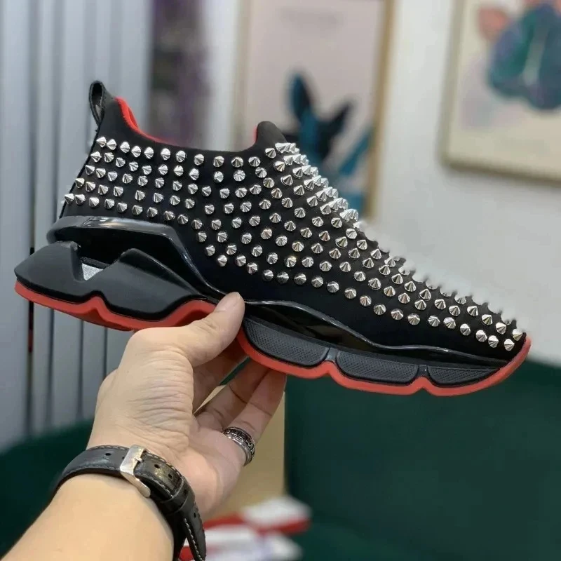 

Rivets Red Sole Platform Sneakers Men's Women Spike Sock Flat Unisex Slip On Big Size Casual Vulcanized Studded Rock Tide Shoes