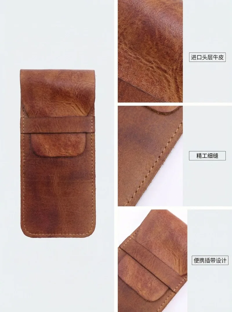 Cowhide Pen Case Holder Handmade Fountain Multi Pens Pouch Vegetable tanned leather Simple Pen Protective Sleeve Cover