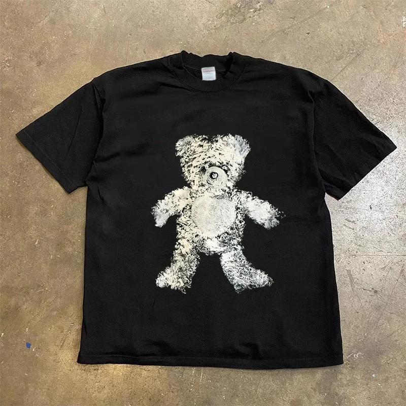 

American men's and women's T-shirts, cute bear print pullover, oversized T-shirt, casual short sleeved couple T-shirt