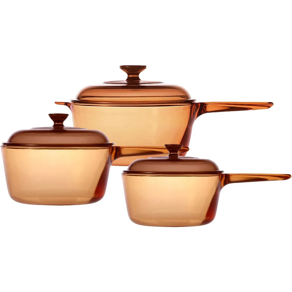 1 Litre/ 1.5 Litre/ 2.5 Litre 6-Piece Pyroceram Glass Saucepan Set, Brown