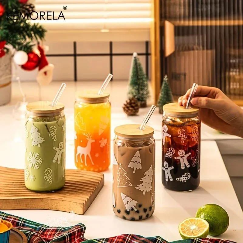 

1/4PCS Christmas Glass Cup Beer Can Coffee Mug With Lid And Straw Xmas Tree Elk Tumbler 480ML Drinking Glassware Drinkware Gifts