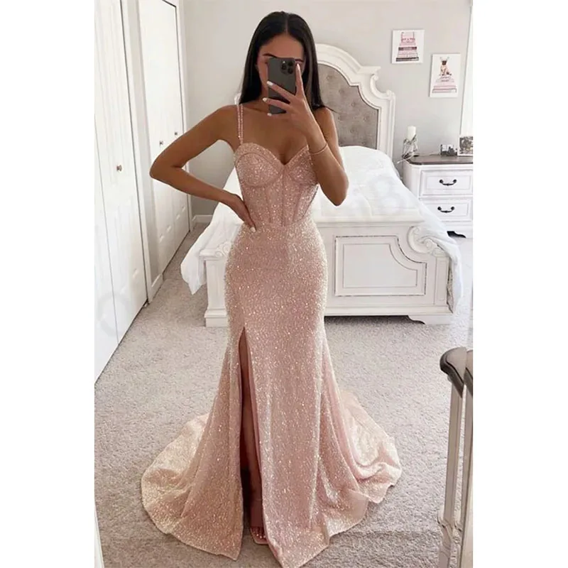 Elegant Pink Sequins Prom Dresses  Sweetheart Neckline Sleeveless Slit Floor-Length Sweep Train Mermaid Evening Dress 2024