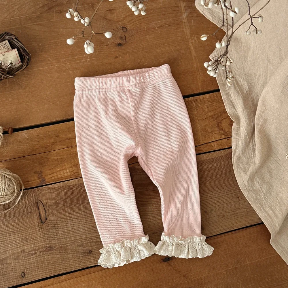 Summer Children's Clothing Slim Fit Pants Cotton Girl Clothes Pants Foot Horn Lace Fine Pit Strip Hollow Plum Blossom Pants