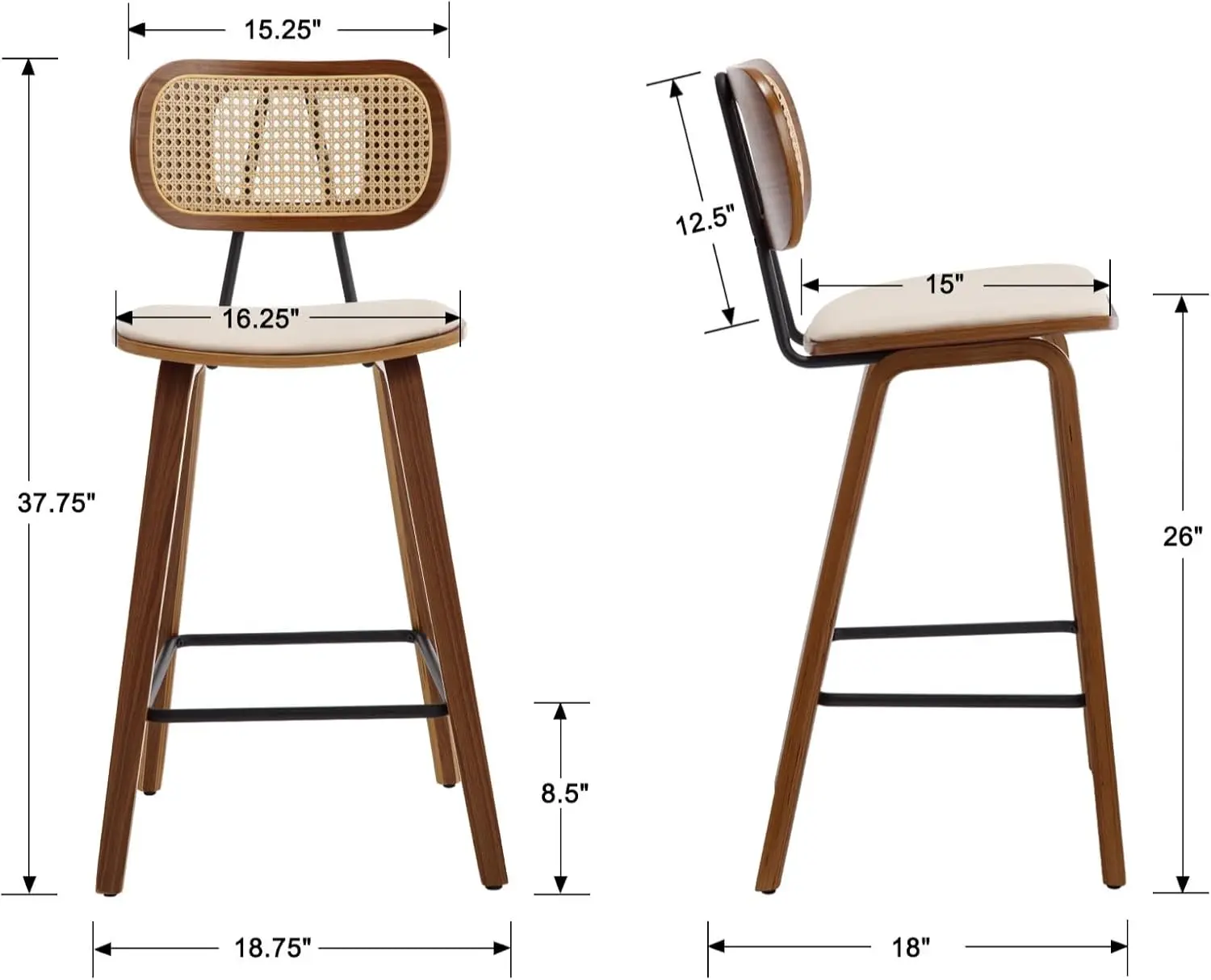 Mid-Century Bar Stools Set of 2, 26 Inch PU Leather Barstools with Open Rattan Backrest Wooden Legs Armless Bar Chairs