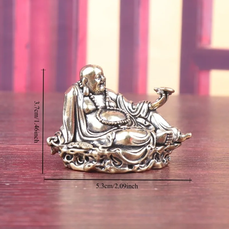 Vintage Brass Laughing Buddha Statue, Mini Maitreya Buddha Figurine Holding Ruyi, Copper Tea Pet, Desktop Decor Craft Gift