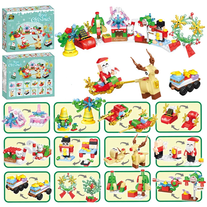 12in1 Kerst Aankomst Kalender Blind Box Boom Kerstman Bouwsteen Treintje Elanden Sneeuwpop Montage Bricks Model Speelgoed