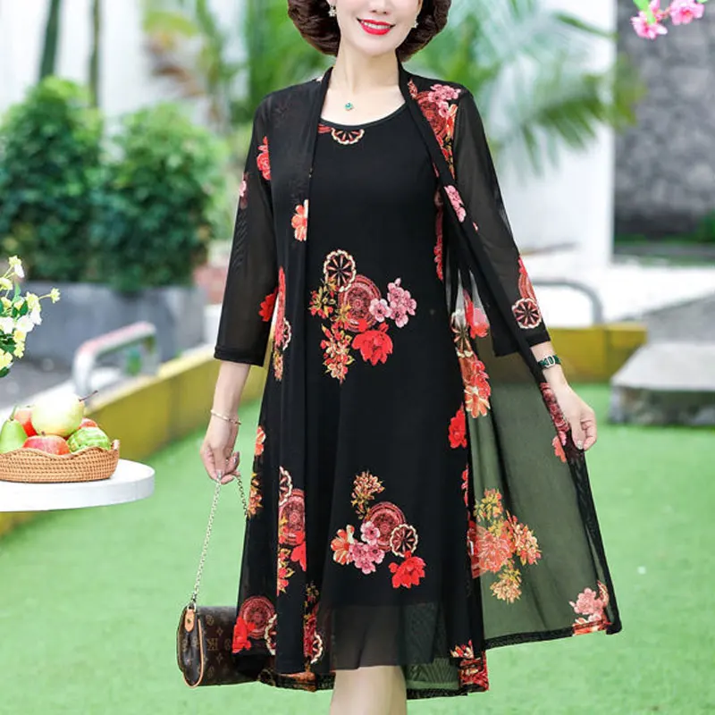 Female Clothing Vintage Floral Printed Matching Sets Two Piece Set Casual O-Neck Summer Fashion Half Sleeve A-Line Dress Sets