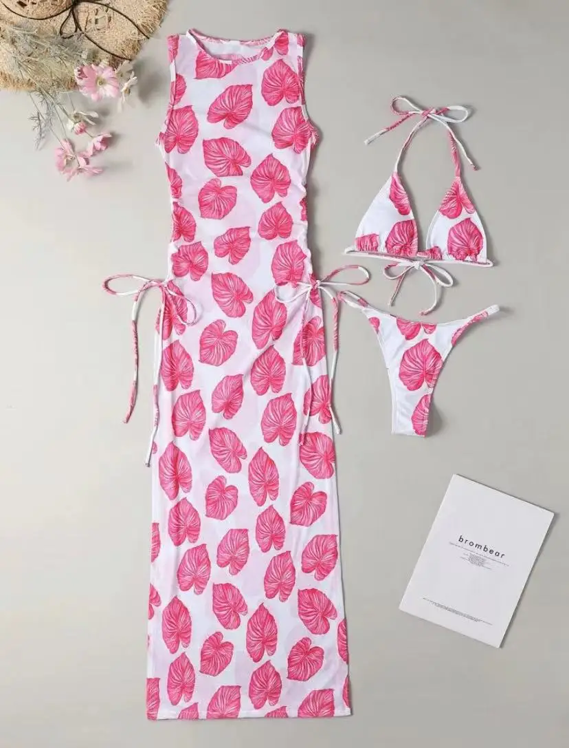 Bikini con Tanga y estampado de hojas para mujer, traje de baño Trikini femenino, 3 piezas, 2024