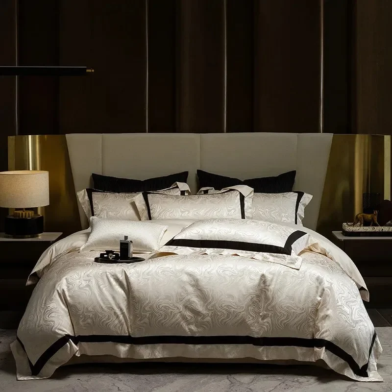 100%Egyptian Cotton Chic Ripple pattern Jacquard Duvet cover Bed Sheet Pillowcases Queen 4Pcs,Silky Texture Soft Wrinkle Free