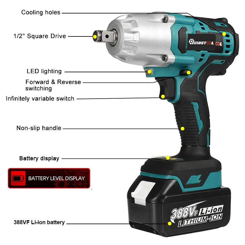 1600N.M Torqu Electric Impact Wrench Cordless Brushless Electric Wrench Hand Drill Socket Power Tool For Makita 18V Battery