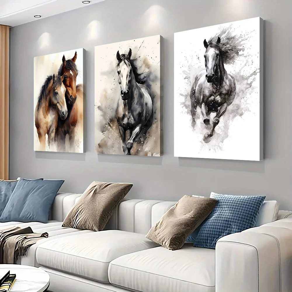 （NO Frame 3PCS）-2D Flat, 2D Flat, 2D Flat Watercolor Horse Wall Art Set of 3, Abstract Running Horses Canvas Prints, Black Br