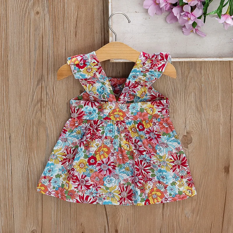 2 Pcs Summer New Baby Girl Dress Fashionable Floral Fly Sleeve Cotton Dress with Crossbody Bag Suitable for Babies Aged 0-3