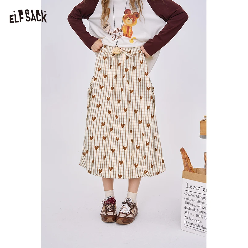 ELFSACK 2025 Autumn New Arrival Sweet Heart Check High-Waist Skirt 3D Bow Maxi Dress For Woman