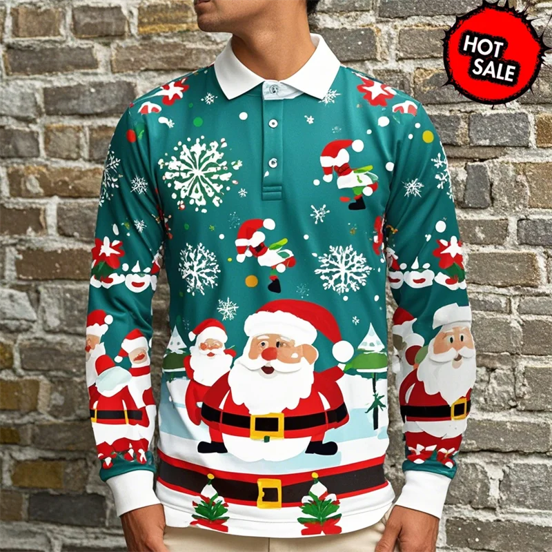 

Christmas Santa Claus Printed Men's Long Sleeve Polo Shirts Athleisure Daily Wear 3D Pattern Breathable Buttons Tops Clothing