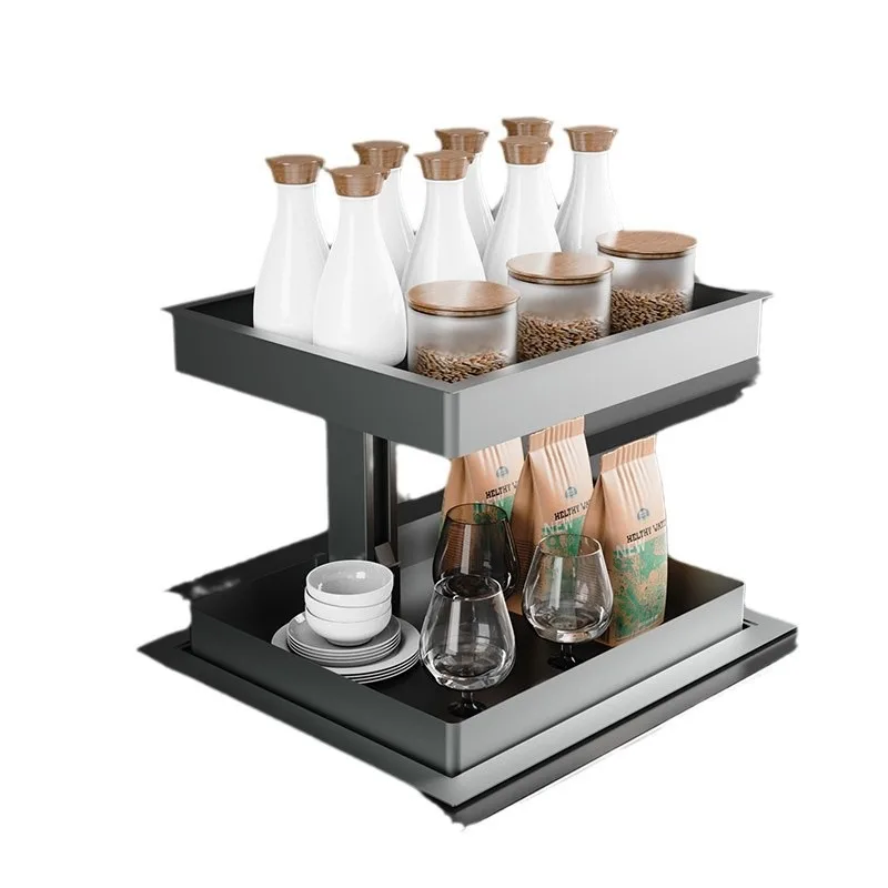 

Corner lifting table cabinet rising seasoning storage rack double layer built-in vegetable and fruit lifting basket