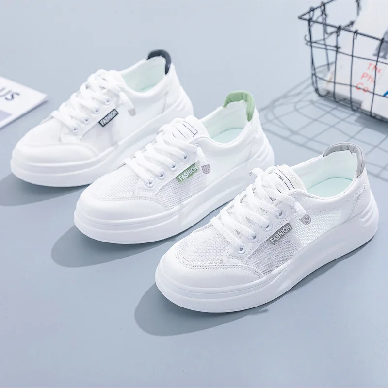 Women Jogging Shoes Summer Autumn White Hollow PU Leather Lace-Up Mesh Breathable Platform Elevator Sneakers Zapatos De Mujer