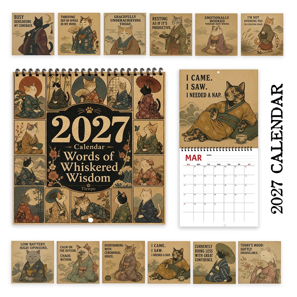 1pc 2027 Japanese  Funny Quote Wall Calendar,12‑Month Planner,Gift For Back‑to‑School,Christmas,New Year,Free Stickers Included