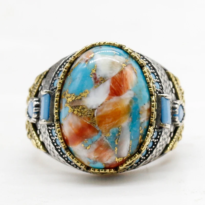 خاتم رجالي من الفضة الإسترليني عيار 925 خاتم عتيق من الفيروز الطبيعي من الفضة الإسترليني مجموعة مجوهرات Türkiye خاتم نسائي