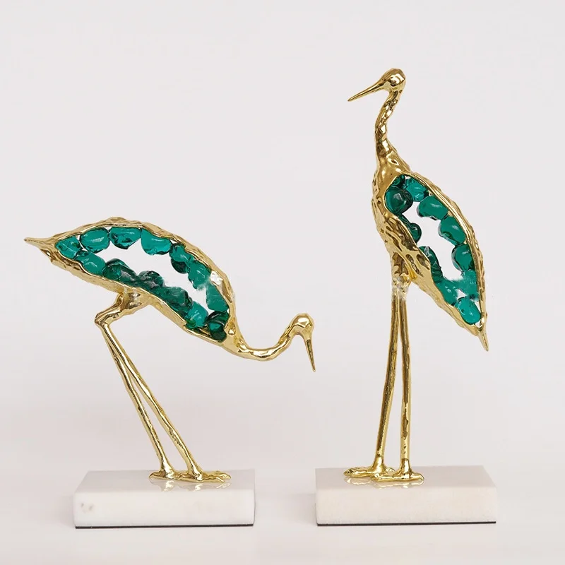 

Metal Handicrafts Simulated Animal Sculpture Crystal Crane Green Gem Bird Decorative Figurines Home Decoration Accessories