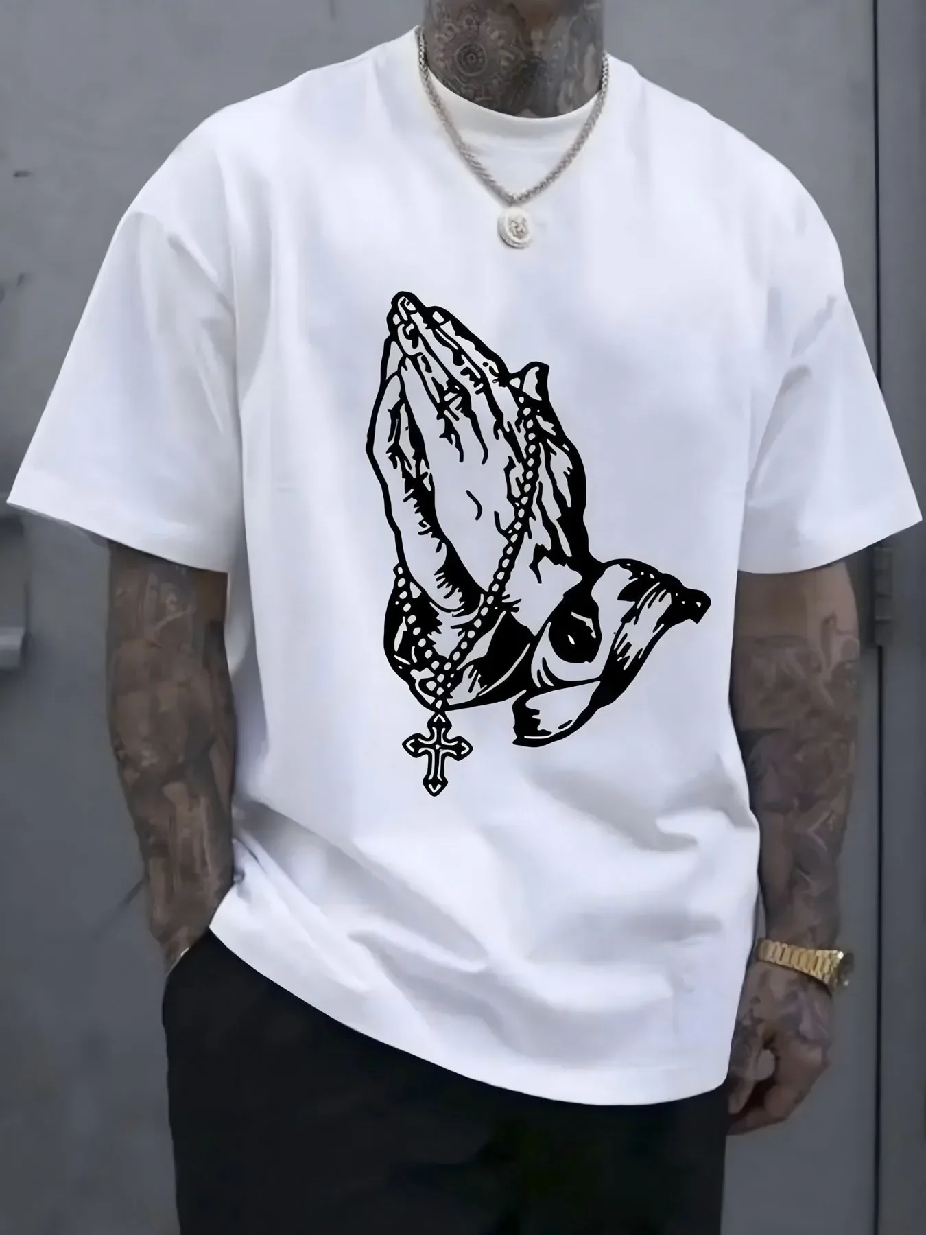 Men's Summer 100% Cotton Casual Loose T-Shirt Fashionable Sports Prayer Pattern round Neck Short Sleeve Top for Kids