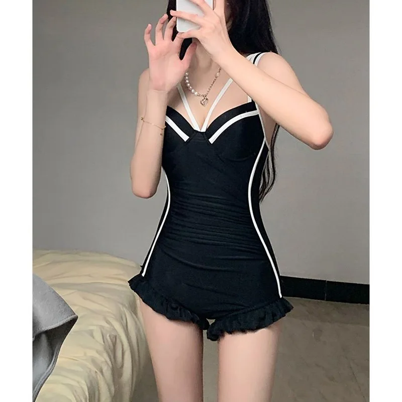 2023 New Summer Sexy Pure Desire Style V-Neck Gathering High Waist Sunscreen Cover Up Hot Spring Beach Bikini Two Piece Swimwear