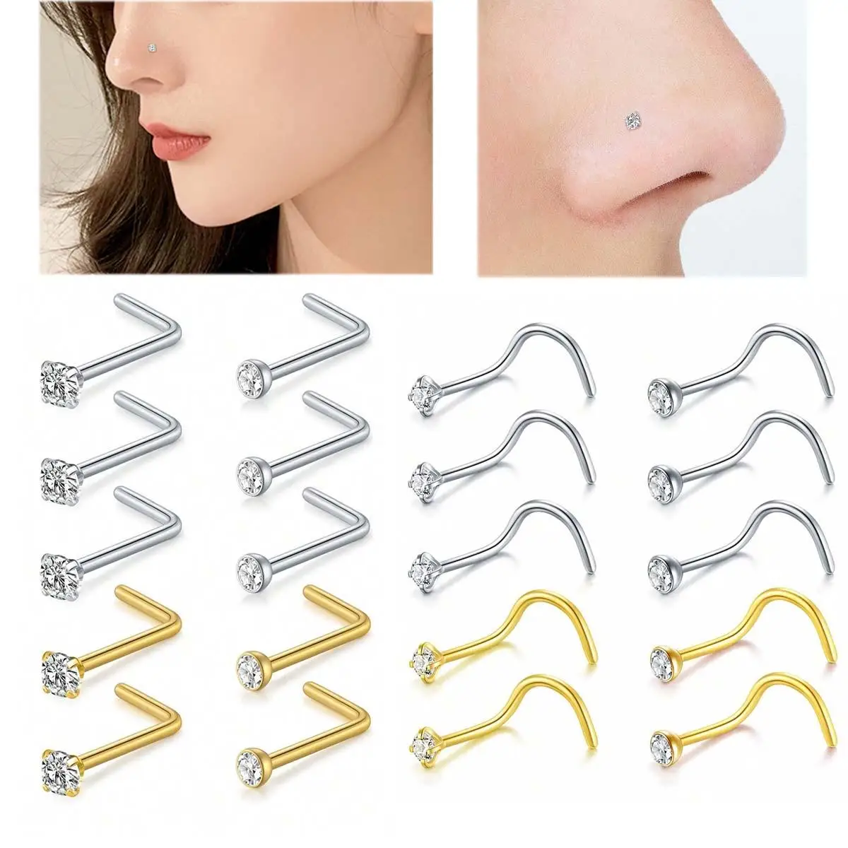 10Pcs Nose Studs Nose Rings for Women 18G 20G L Shaped Corkscrew Nose Ring Stainless Steel Nose Screw Studs Nose Rings 1.5/2/3mm