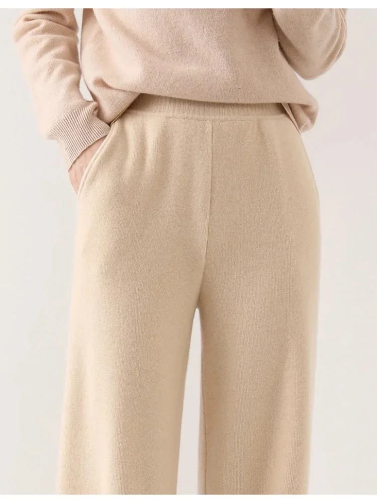 Wool Women's Wide-Leg Pants Fall/Winter High Waist Dropping Sliding Casual Loose Straight Wool Knited Mop Trousers Outer Wear