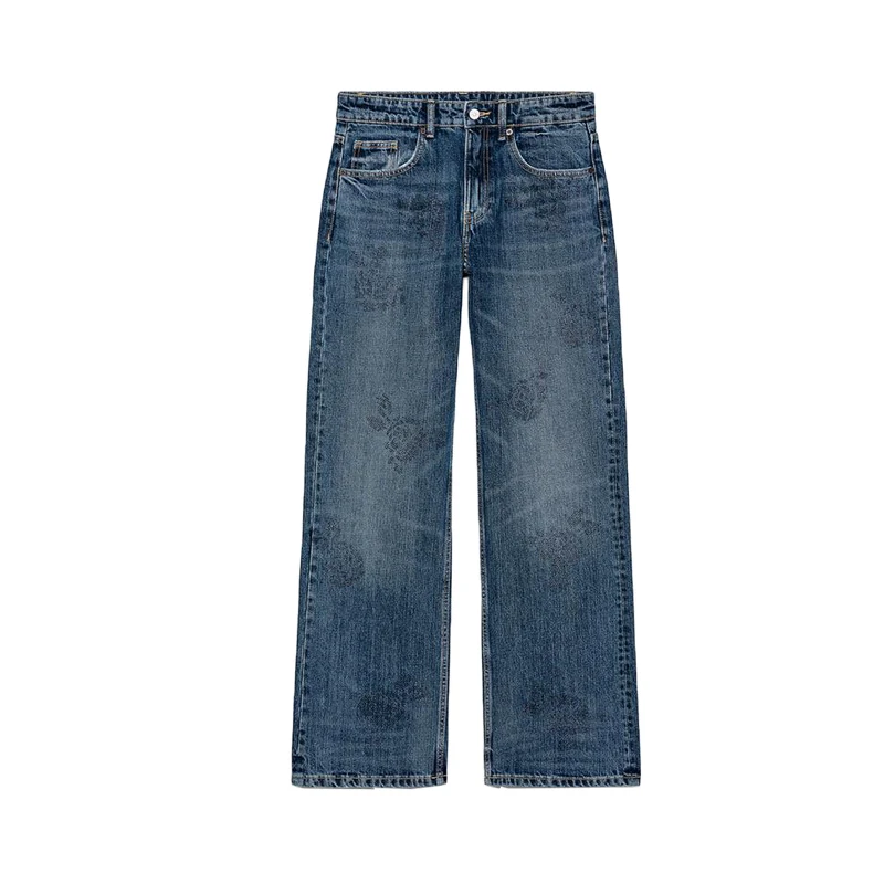 

Spring New Arrival Women's Casual Floral ape Rhinestone Decorated Cotton Wide Leg Jeans High Waist Loose Fit Long Pants