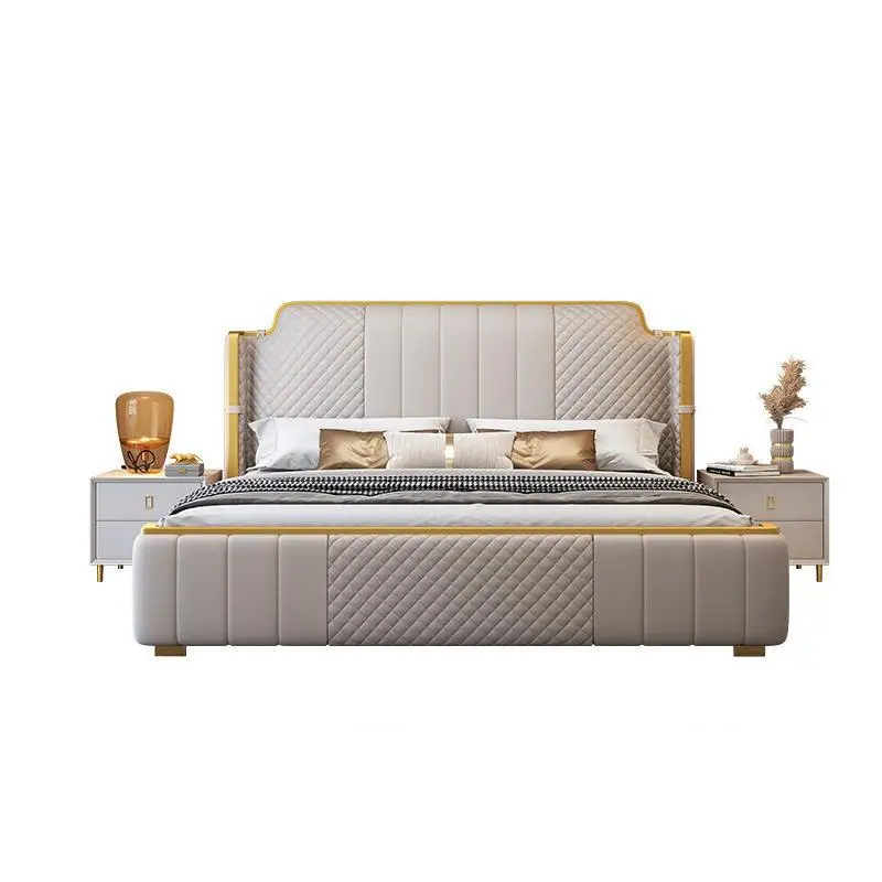 

Modern simple Italian light luxury leather bed, minimalist double size apartment soft bag bed