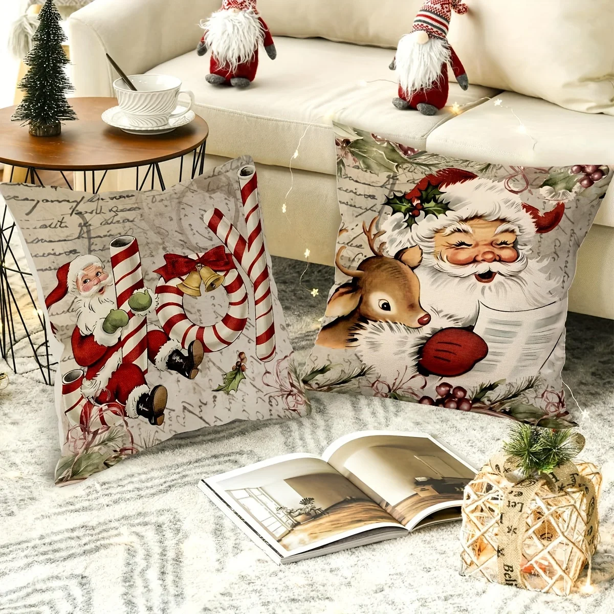 Vintage Christmas Velvet Throw Pillow Covers Set of 4, Hand Wash Only, Decorative Santa and Candy Cane Design, Zippered Cushion