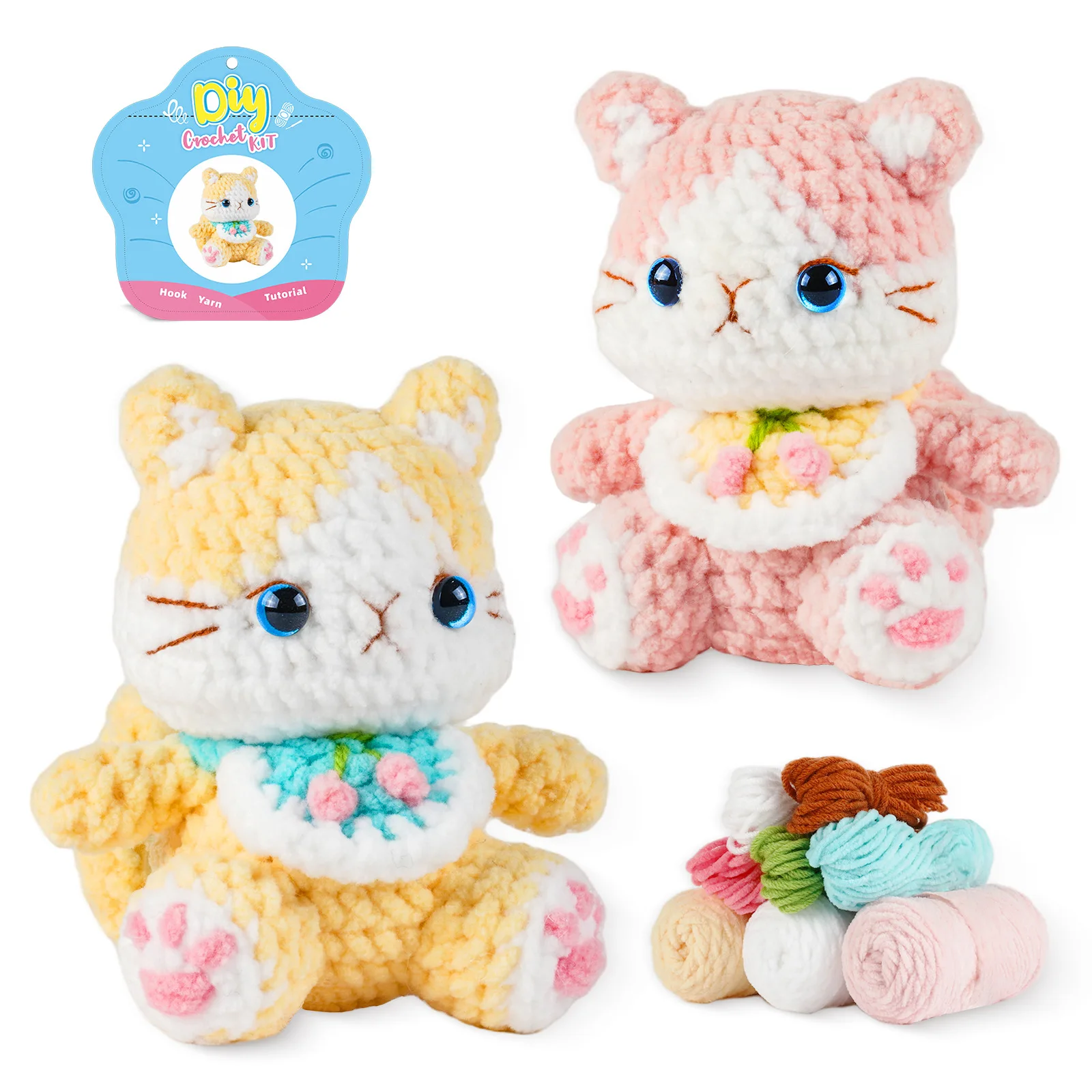 Kit de Ganchillo de Chenilla para Hacer Muñecos Amigurumi de Gato Hechos a Mano, Kit de Manualidades para Principiantes con Patrón, Animalito Adorable para Regalo de Cumpleaños