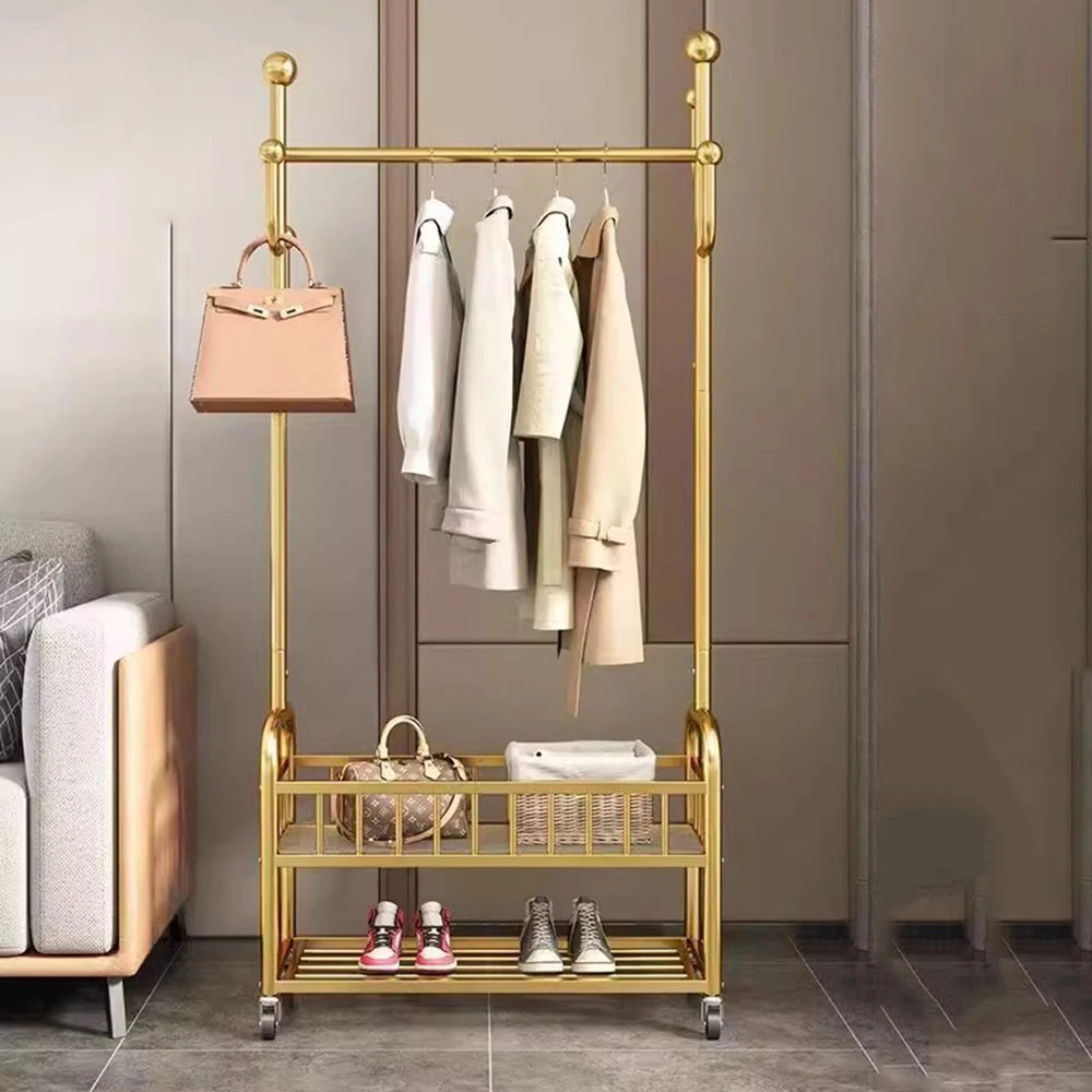 Stylish Balcony Bedroom Clothes Rack Space Saving Golden Robust Metal Frame With Wheels Perfect For Kids Room Home Accessories