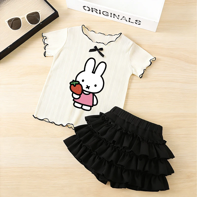 

Miffys Girl Short Sleeved Pile Skirt Set Ice Silk T-shirt Skirt 2pcs Suit Cartoon Tees Children Summer Clothes Kid Birthday Gift