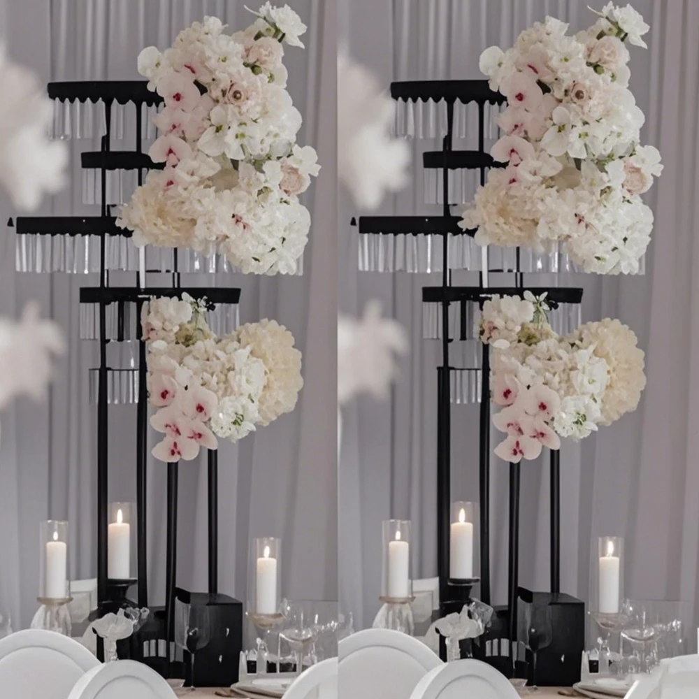 6pcs130cm) Black floral Plinth With acrylic pendent Metal Flower Stand for Wedding Events Backdrop Table Centerpiece Decoration
