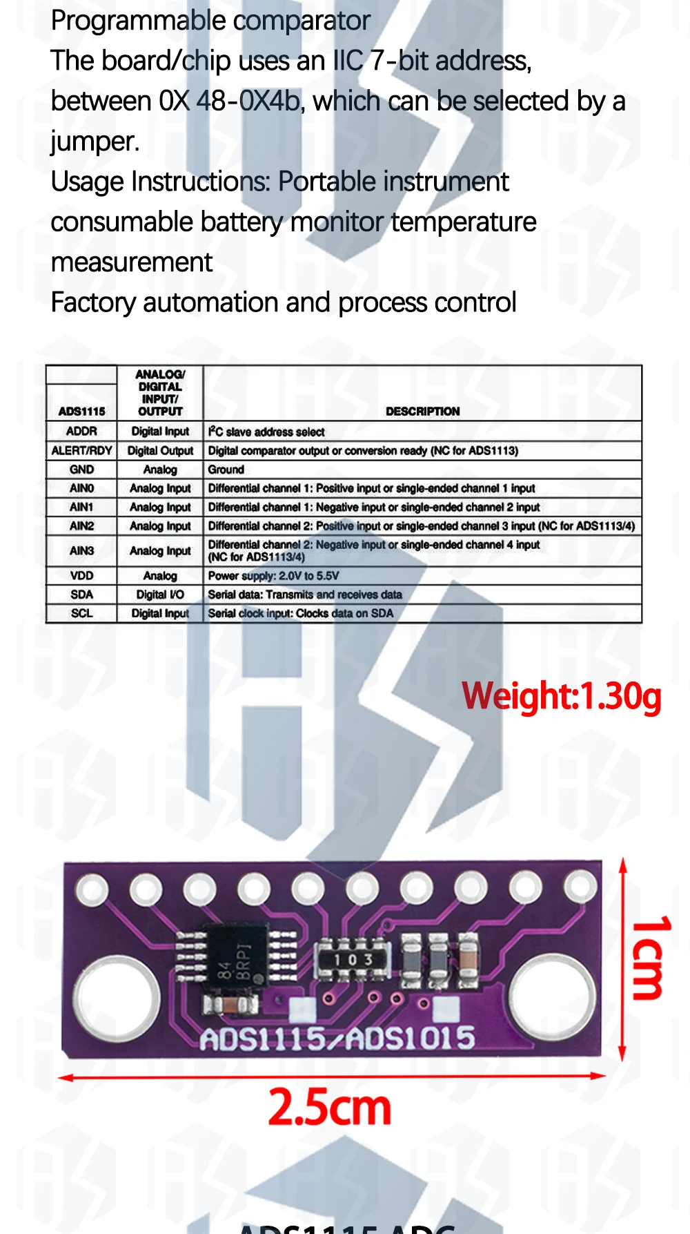 1PCS~10PCS EGBO 12 Bit/16 Bit I2C ADS1115 ADS1015 Modul ADC 4-Kanal mit Pro-Gain-Verstärker für Arduino RPi Lila Blau – Detail 3