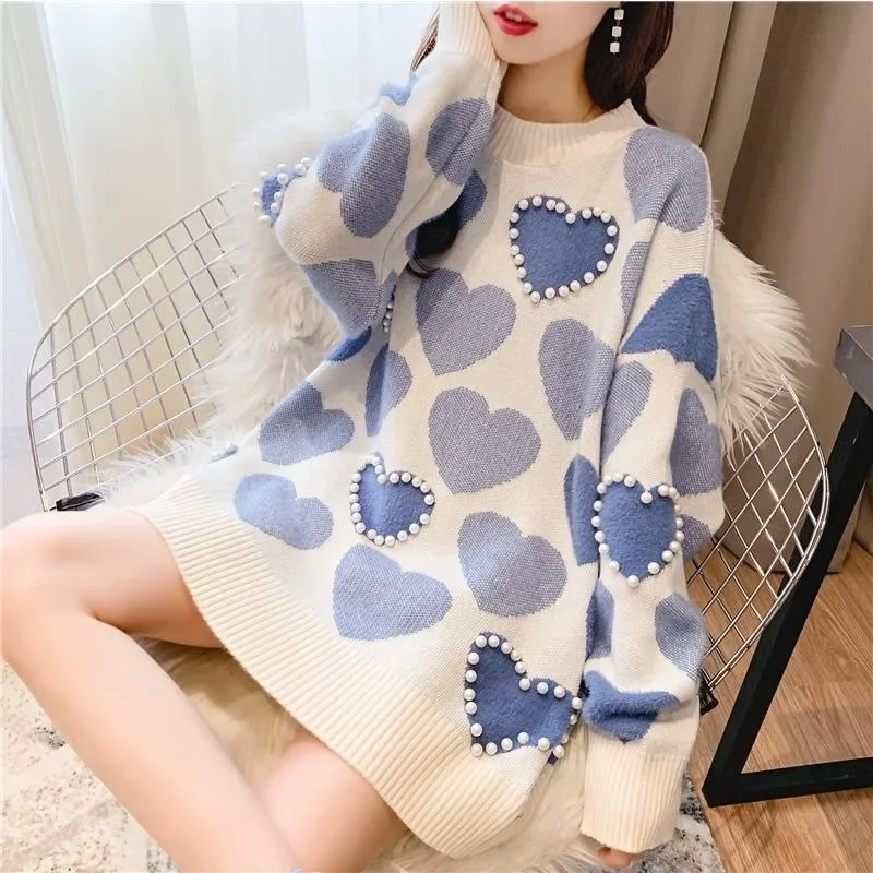 Autumn Heart Leopard Print Knit Sweater Elegant Pearl Beaded Women Sweet Casual Sweaters Winter Warm O Neck Long Sleeve Pullover