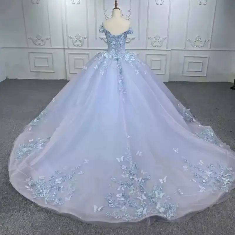 Light Blue Shiny Quinceanera Dresses Off The Shoulder Lace Applique Beading Tulle  Vestido De 15 Años 3D Florals  Sweet 15 Dress