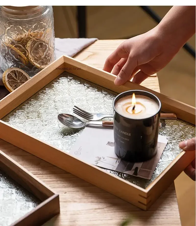 صينية خشبية مستطيلة على الطراز الياباني، صينية طاولة القهوة الخفيفة الفاخرة لتزيين المنزل والزجاج في غرفة المعيشة