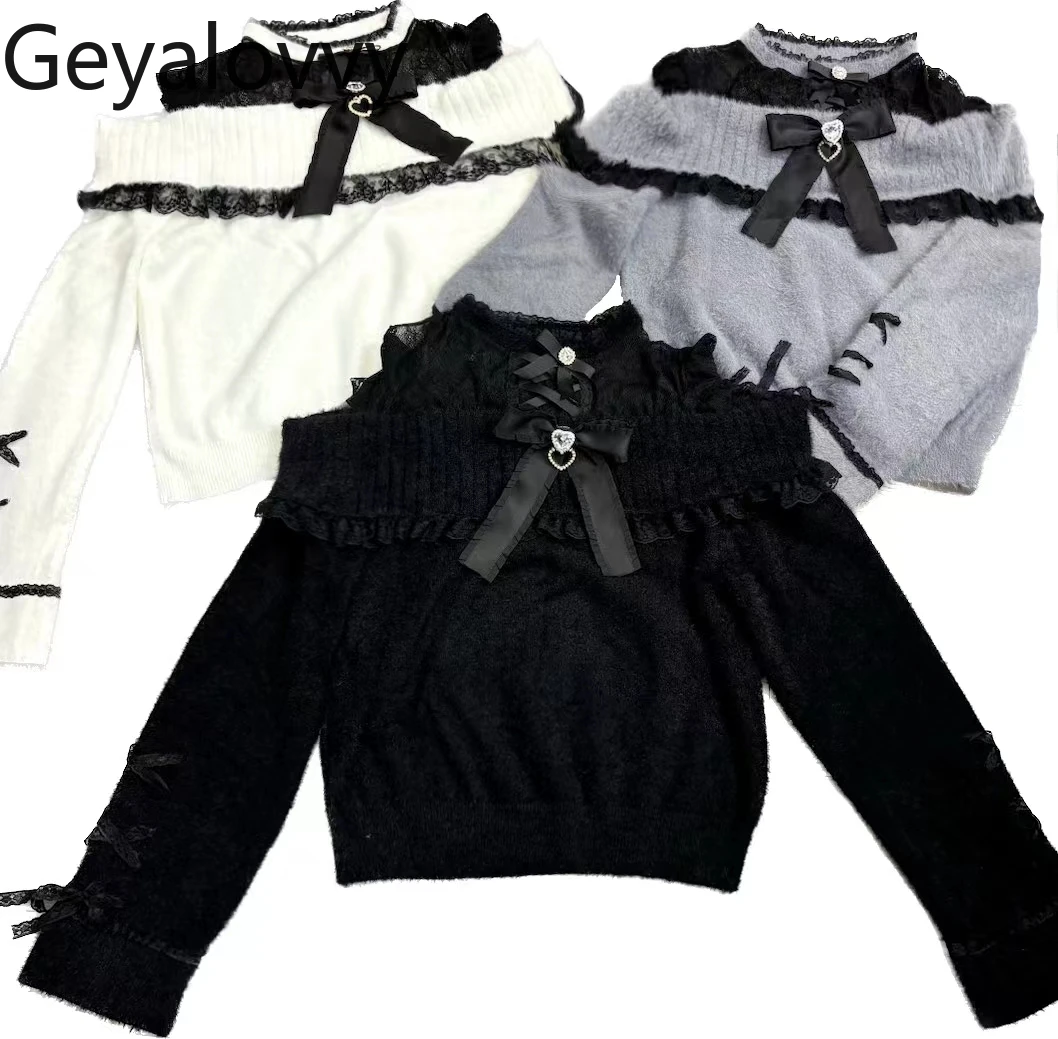 Automne hiver nouvelle sous-culture japonaise pull produit en série doux polyvalent nœud dentelle épaules dénudées à manches longues pull polyvalent