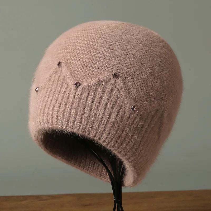 الأنجورا قبعة المرأة الشتاء متماسكة قبعة حجر الراين طبقات مزدوجة عارضة الدافئة التبعي للخريف في الهواء الطلق الرياضة الطقس البارد